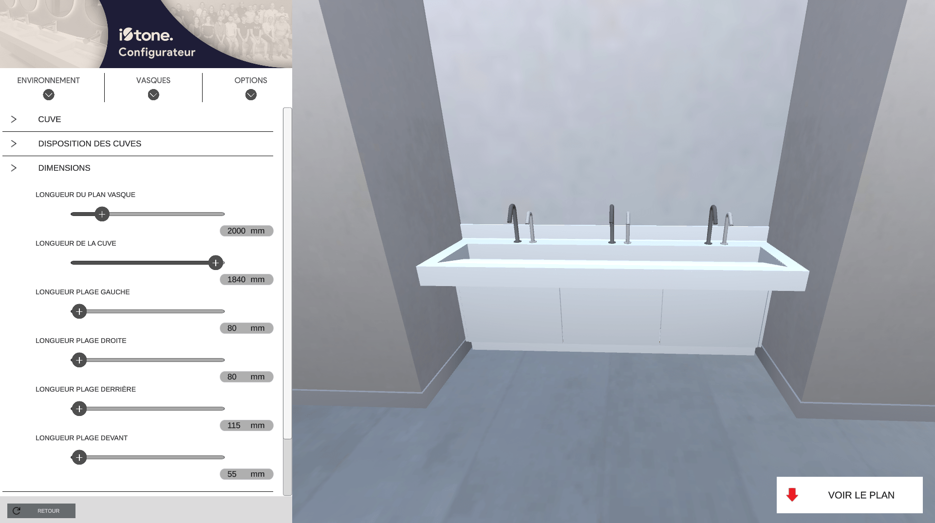 Interface du configurateur de plan vasque